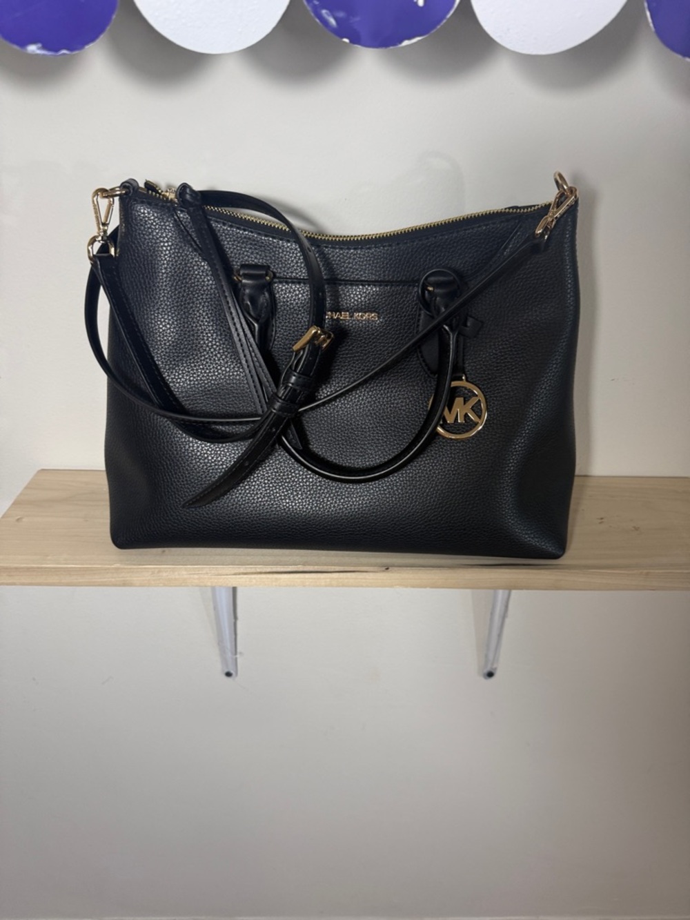 Michael Kors Black Pebbled Leather Shoulder Tote with Gold Accent